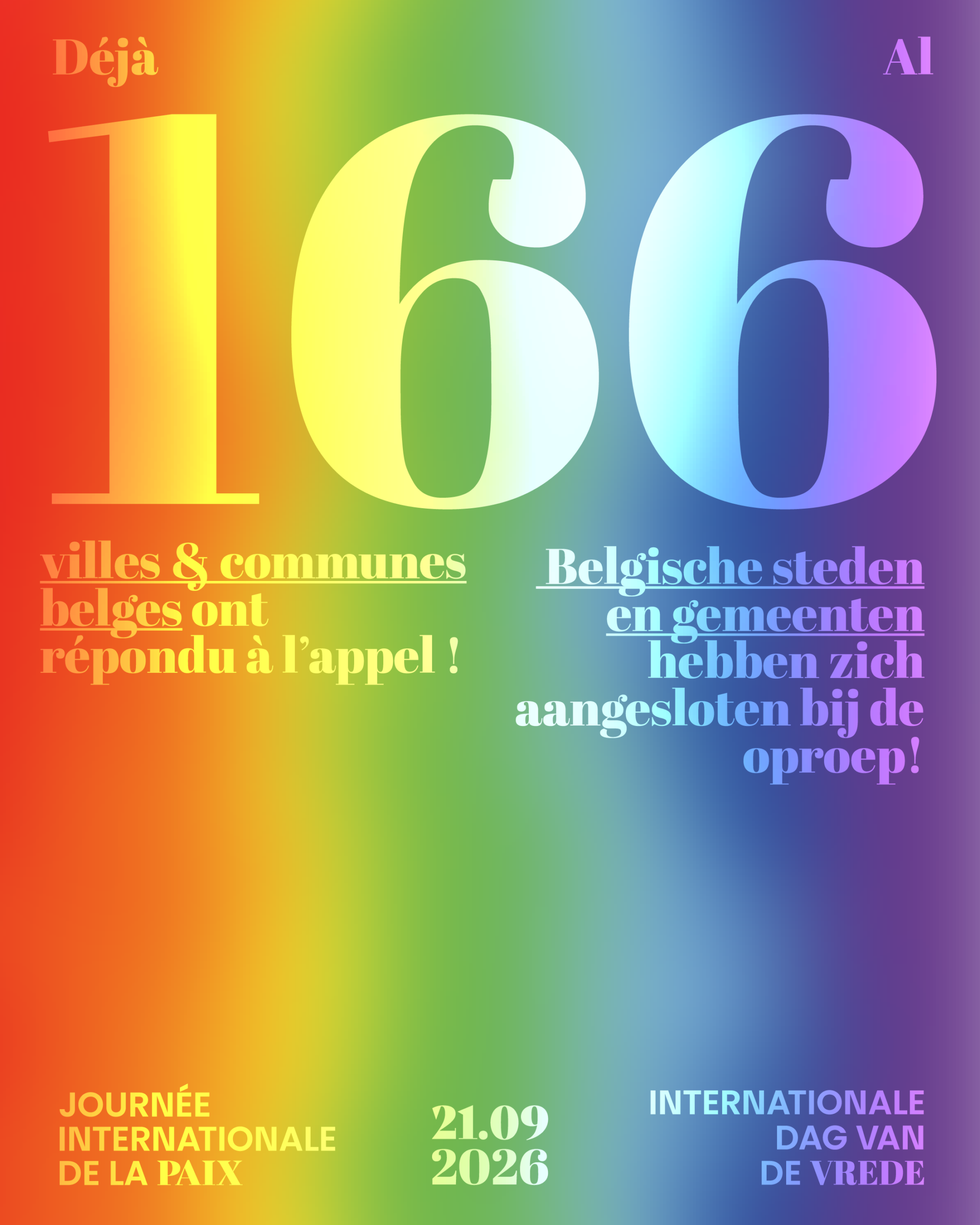 Al 166 Belgische steden en gemeenten hebben zich aangesloten bij de oproep! · Internationale Dag van de Vrede (21.09.2026)